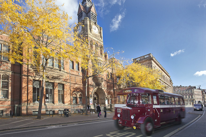 Vintage Bus tour around historic Derby outside Derby Central Library