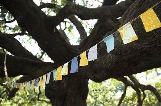 A line of colourful square bunting