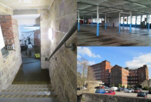 Collage image showing staircase inside Belper Mills with flood water rising, columns dividing the floor in the East Mill buildings and cars parked beside the North Mill brick building in Belper.