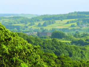 A green rural valley landscape of fields, woodland in the foreground and on the horizon. Inserted into this landscape you can see the East Mill building of Belper and part of the town.
