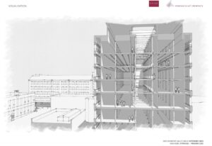 Architects drawing of the Belper Mills complex. The East Mill has been sliced through in cross section to show set back 'internal glazed balconies' and a central atrium to the upper floors.